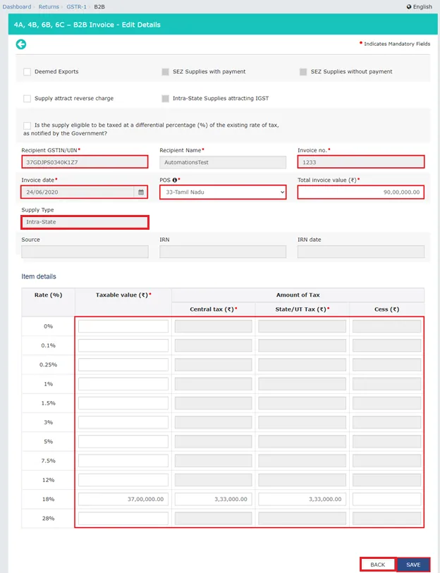 Add or delete invoices or details for GSTR-1