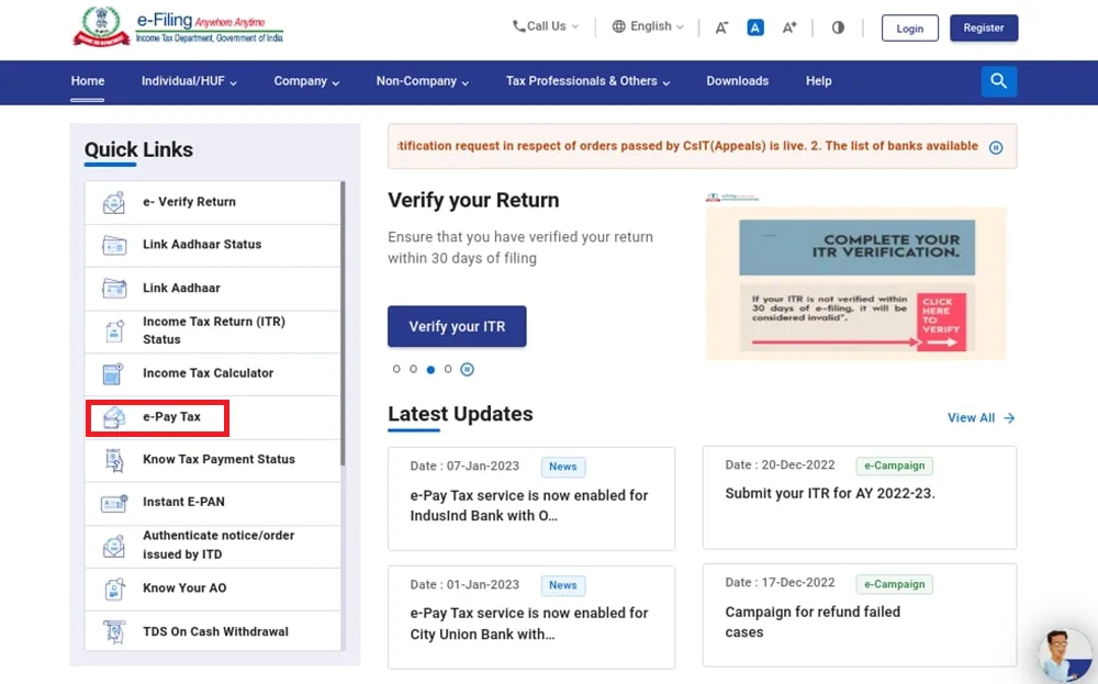 Login on the e-Filing portal