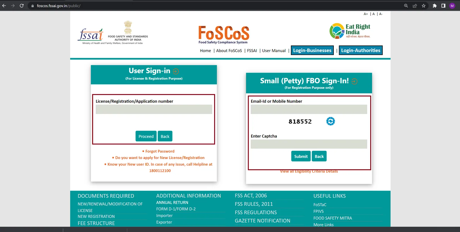 FSSAI FoSCoS sign-in
