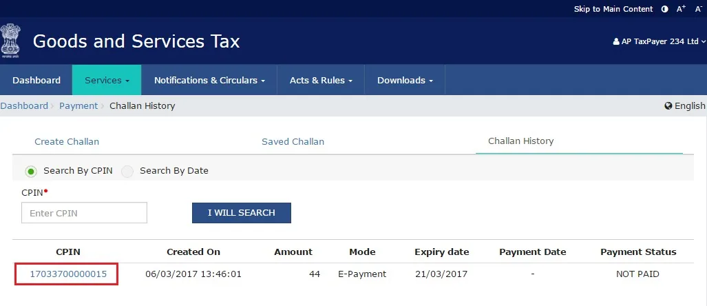 Challan History with CPIN list on GST portal