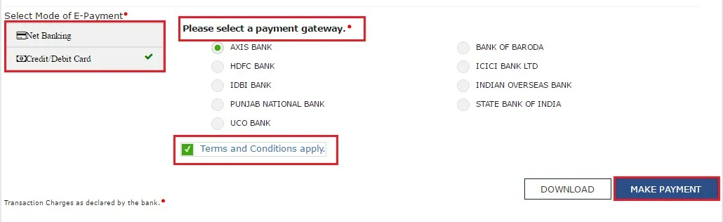 Cred/ Debit card Payment for GST challan