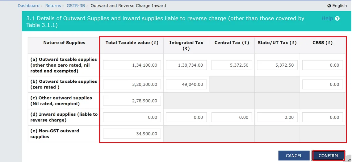 Editing data on GSTR-3B Monthly Return Page