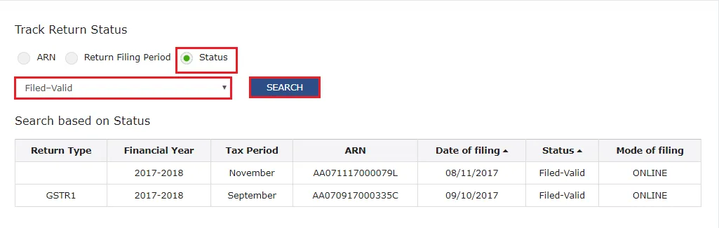 Track Return Status on GST Portal using status of filing