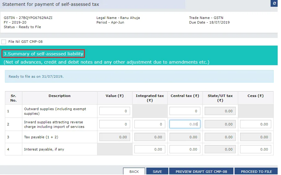 Summary for payment of self-assessed tax for Cmp-08