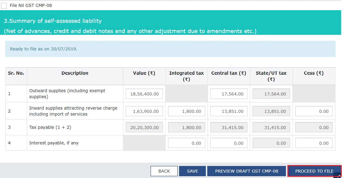 Proceeding to file Non-Nil GST CMP-08