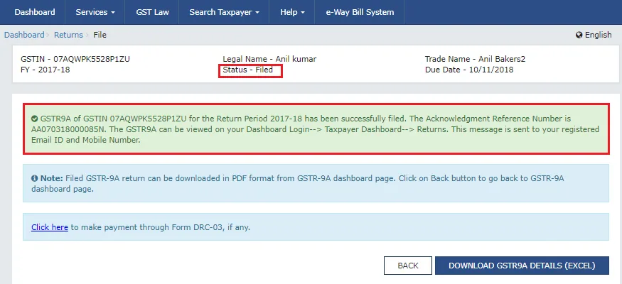 GSTR 9A successfully filed