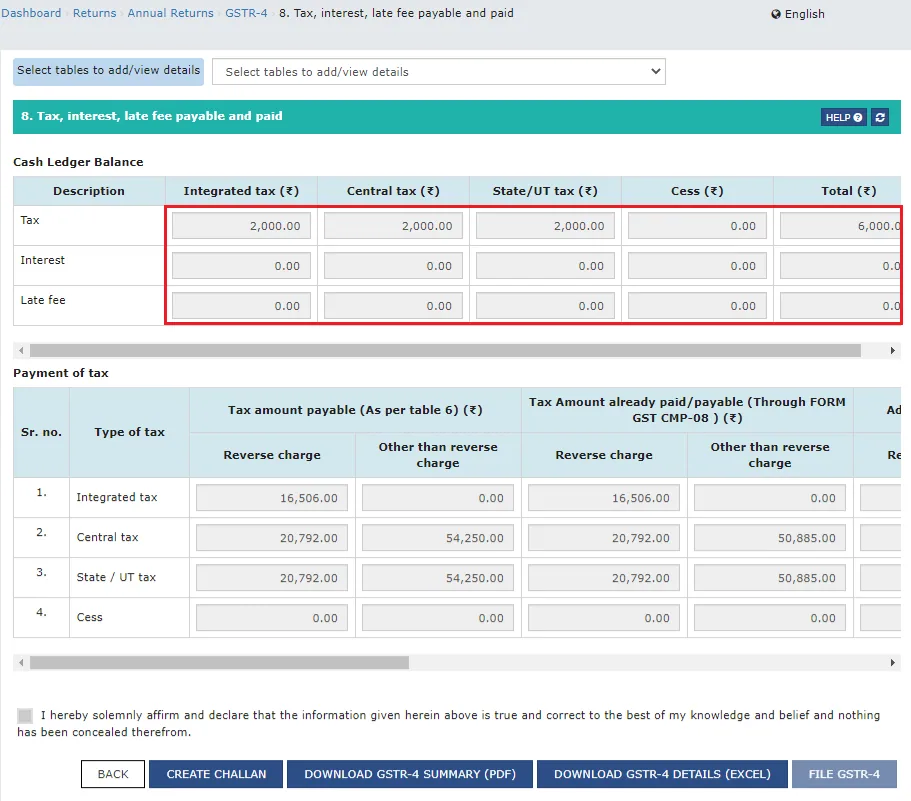 Tax, Interest, late fee payable and paid page