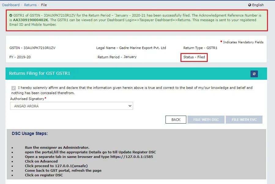 GSTR-1 successfully filed