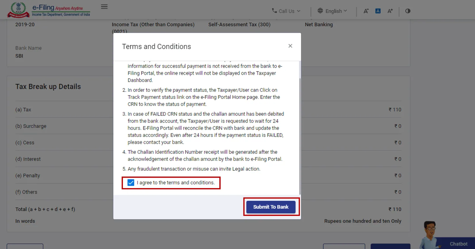 ITR payment terms and conditions dialogue box
