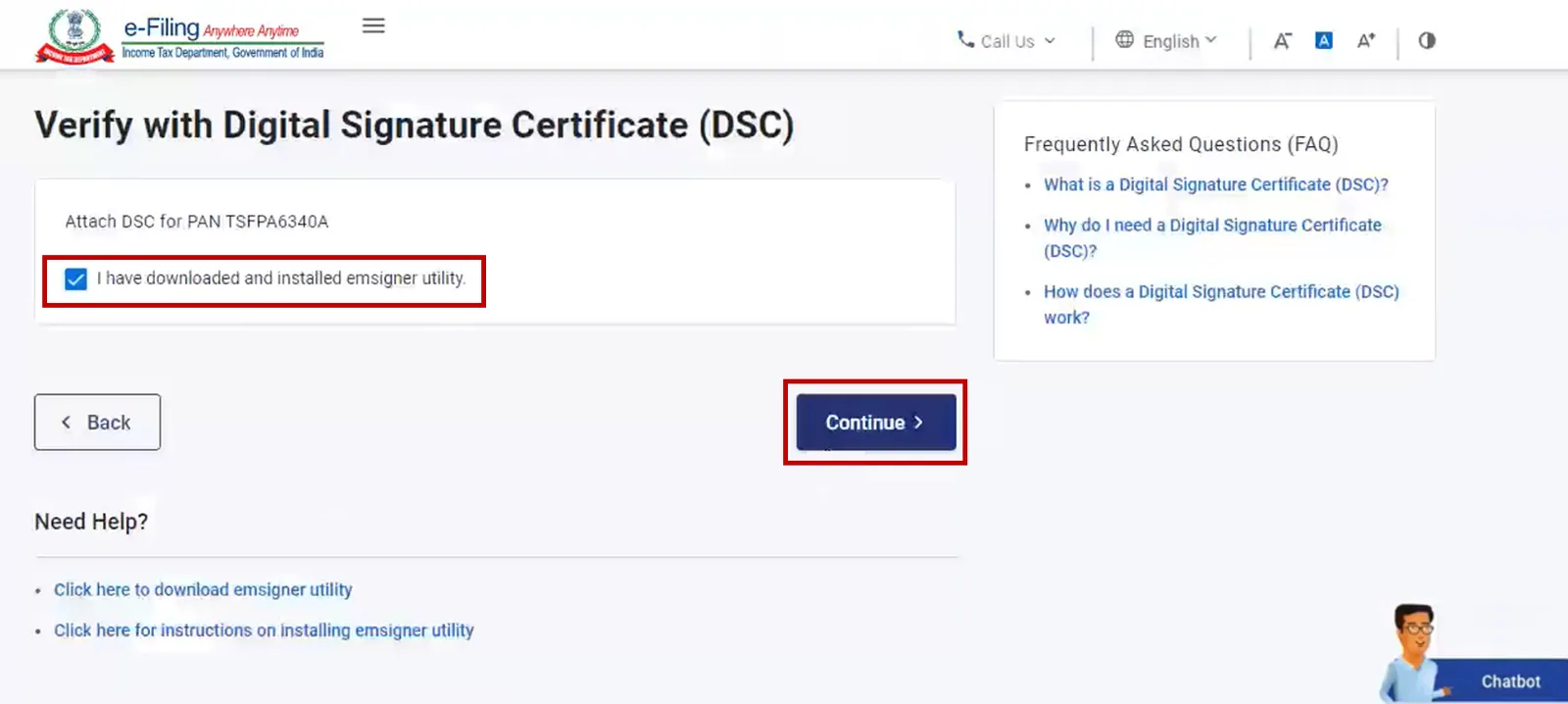 After emsigner is downloaded, continue e-verification with DSC
