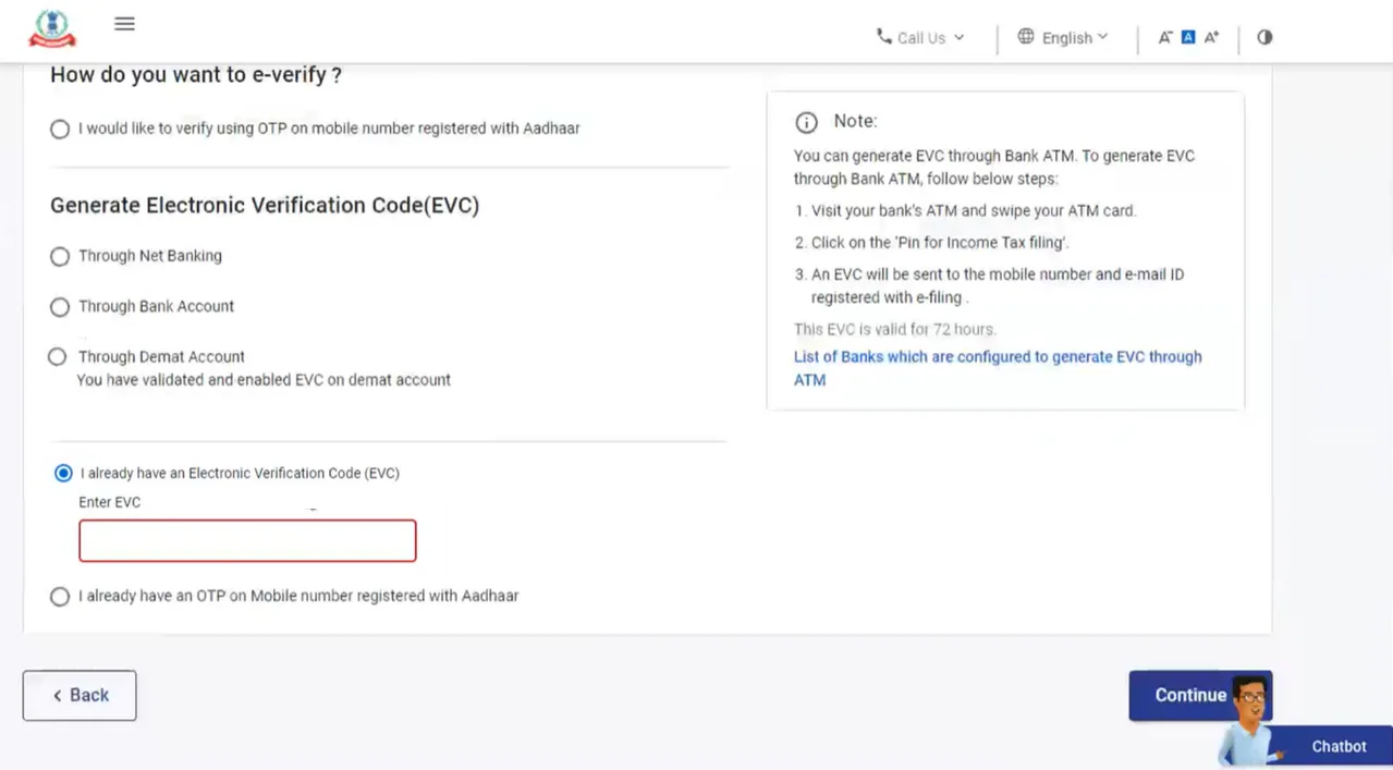 E-verify page on the Income Tax portal