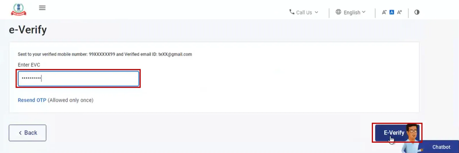 Enter EVC code