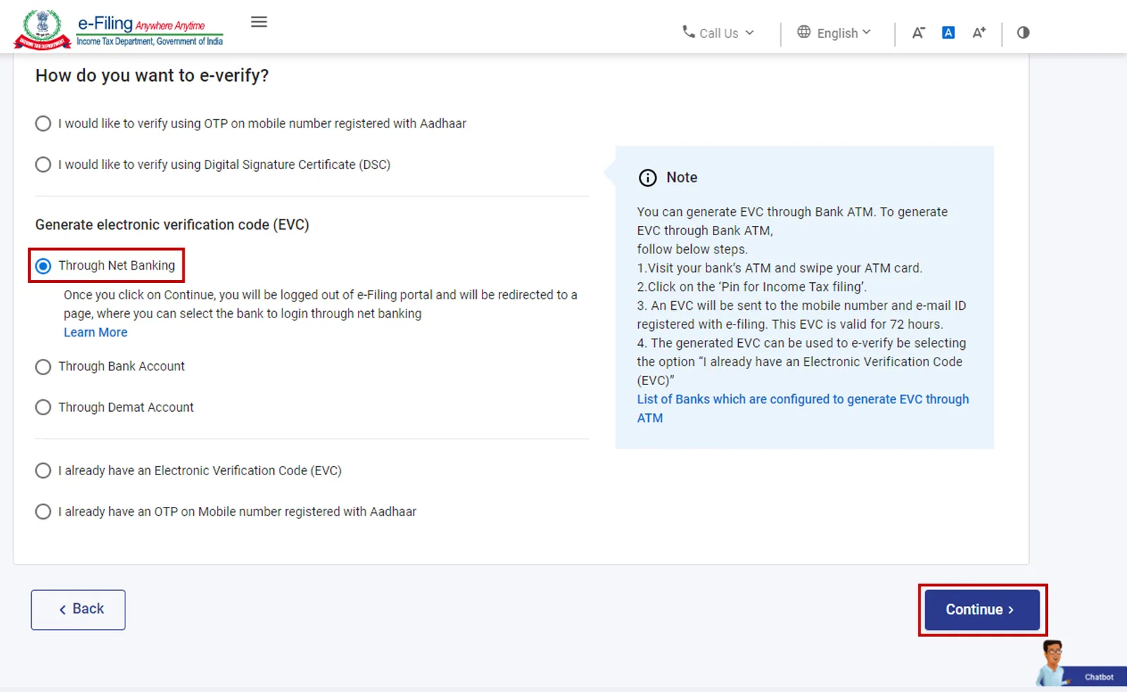 Choose 'Net Banking' on the E-Verify Page on ITR portal