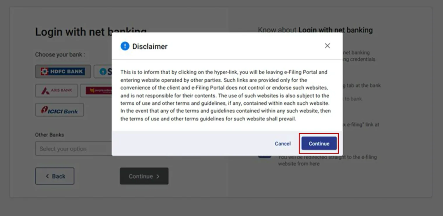 Disclaimer for E-verification for ITR via net banking