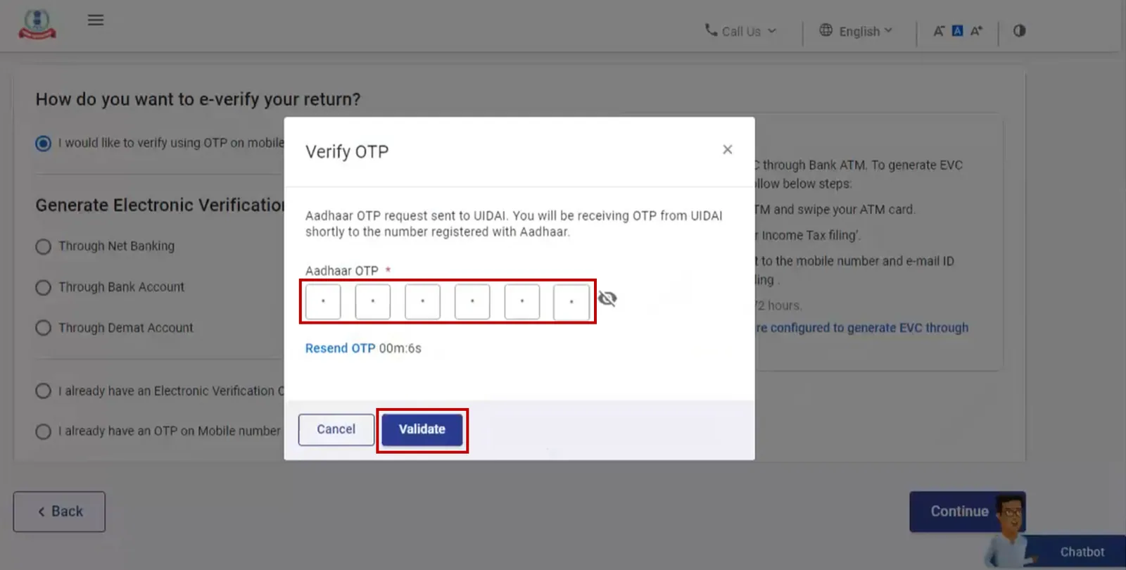 Entering OTP for E-verifying ITR via Aadhar