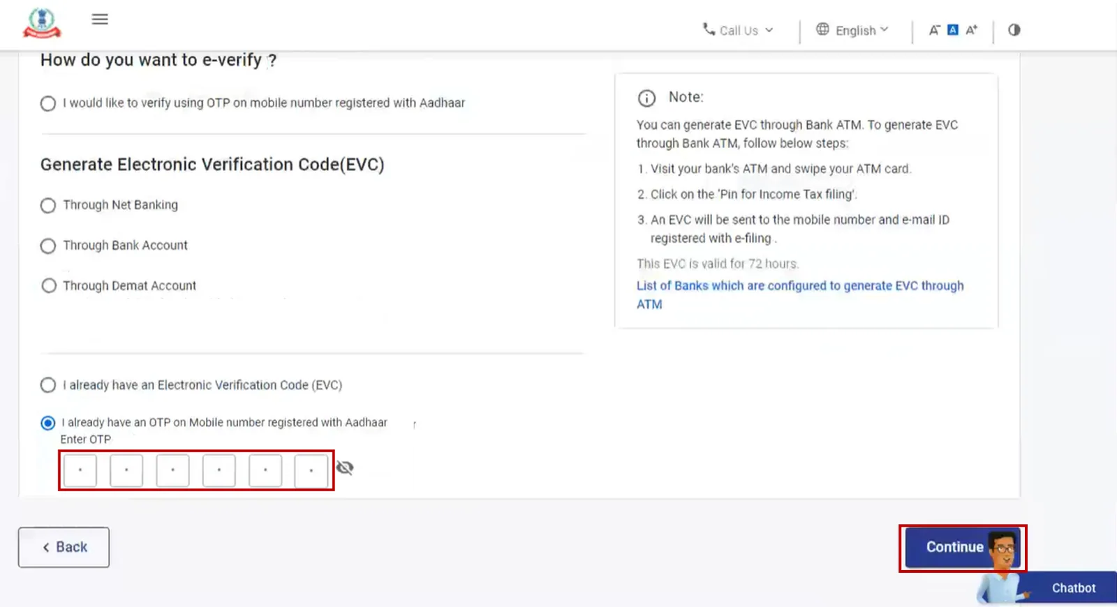 Enter code for e-verification via aadhar