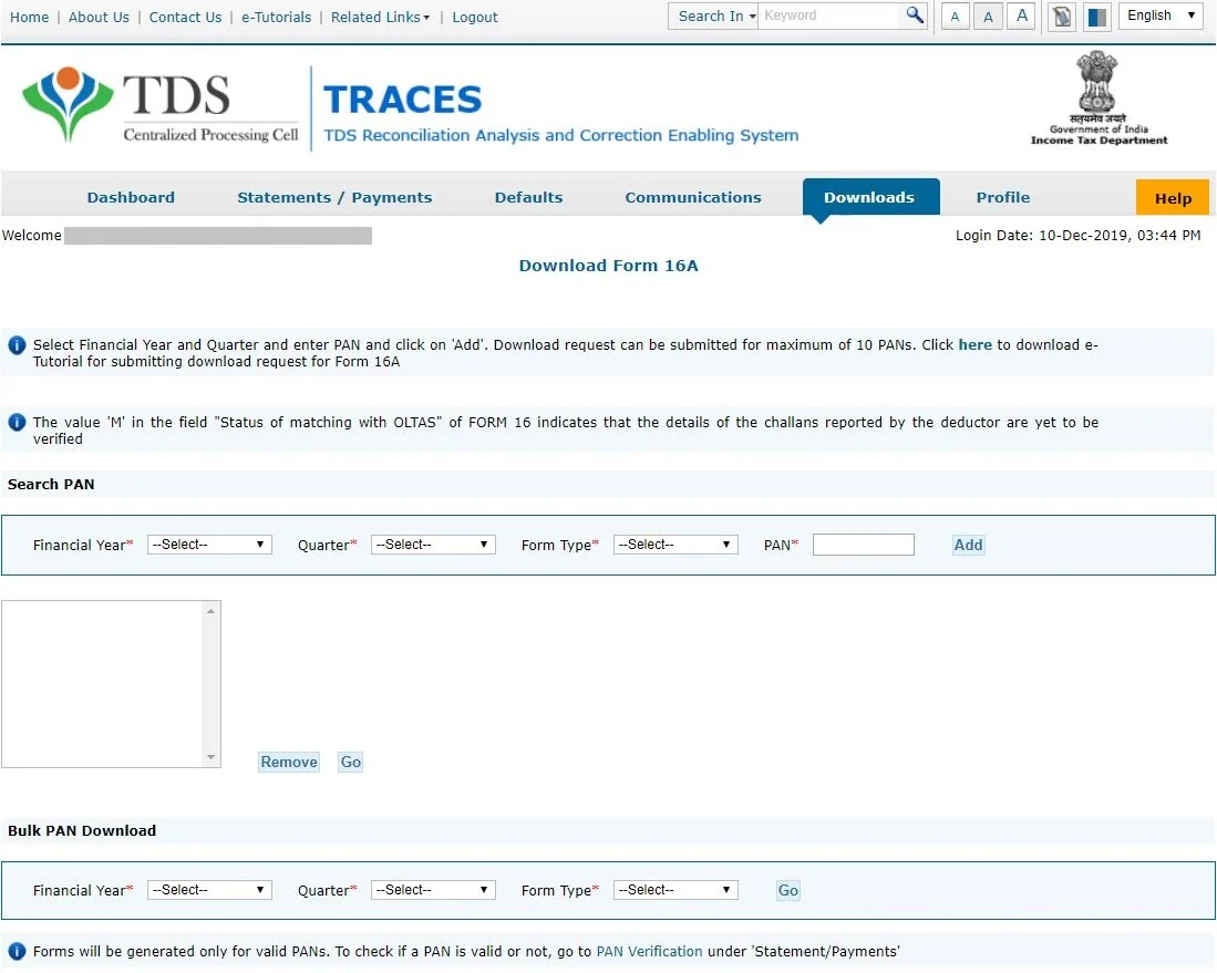 Select Financial Year and PAN: form Form 16