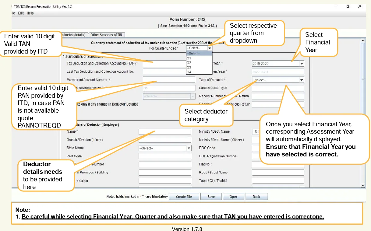 Entering details for form 26Q on RPU