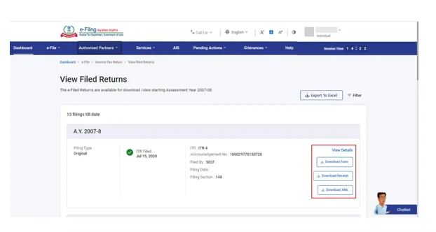 View Filed Returns on Income Tax Portal
