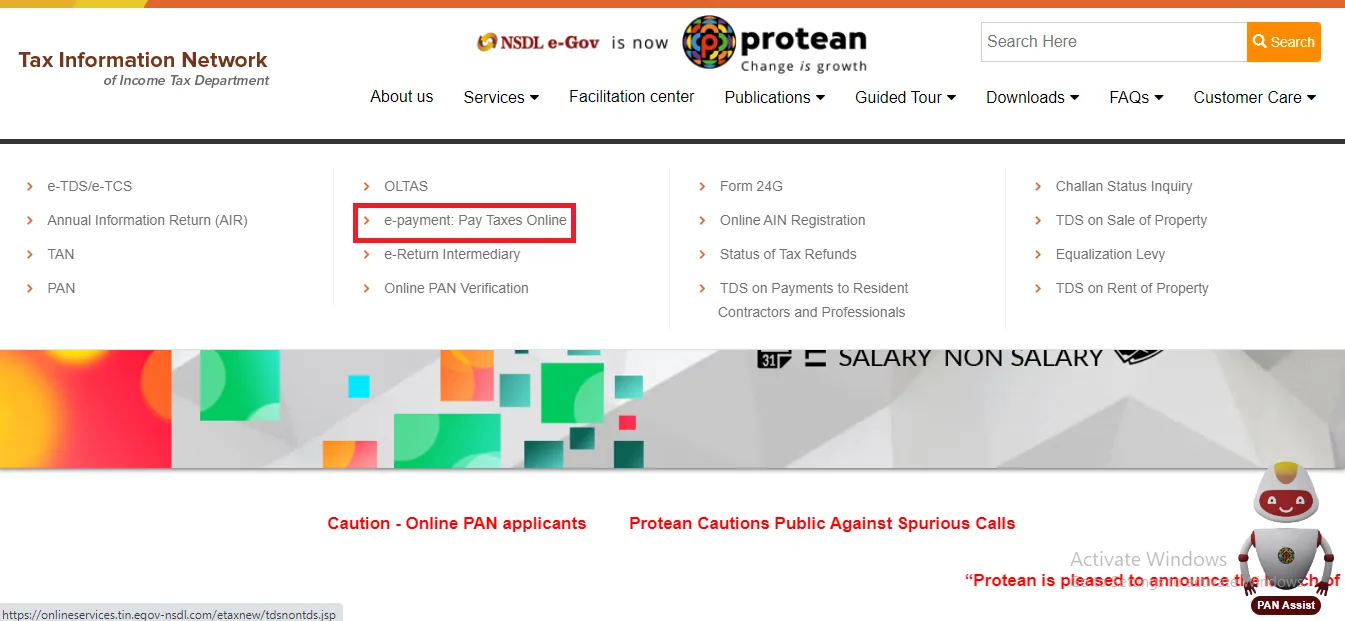 e-payment service on Protean website