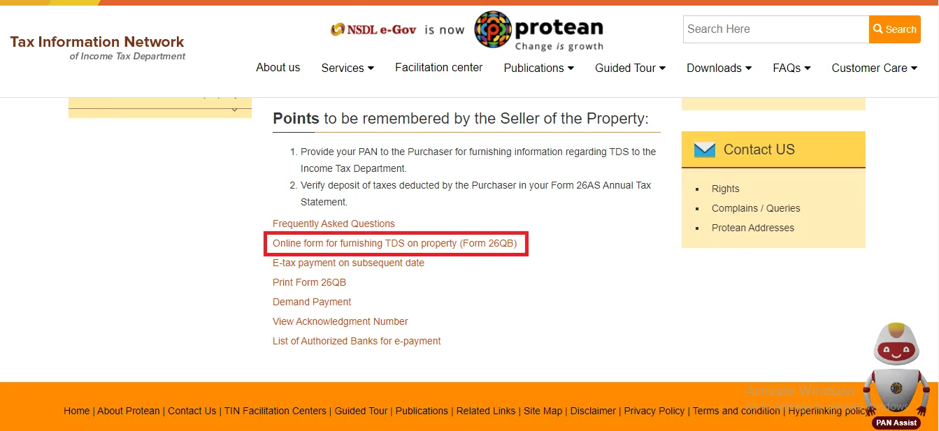 Choose 'Online form for furnishing TDS on a property (Form 26QB) on'Protean website