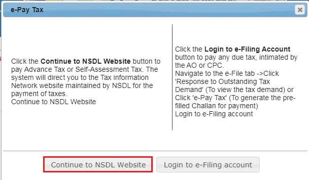 Dialogue box taking to NSDL website