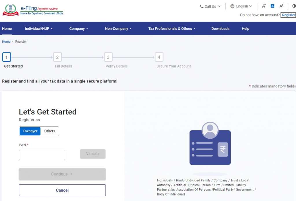 Register new user for online sugam filing