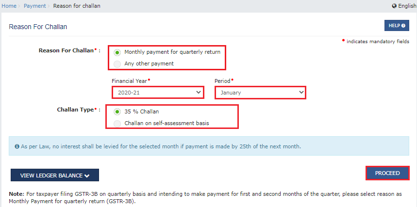 Reason for Challan page on the GST porta;
