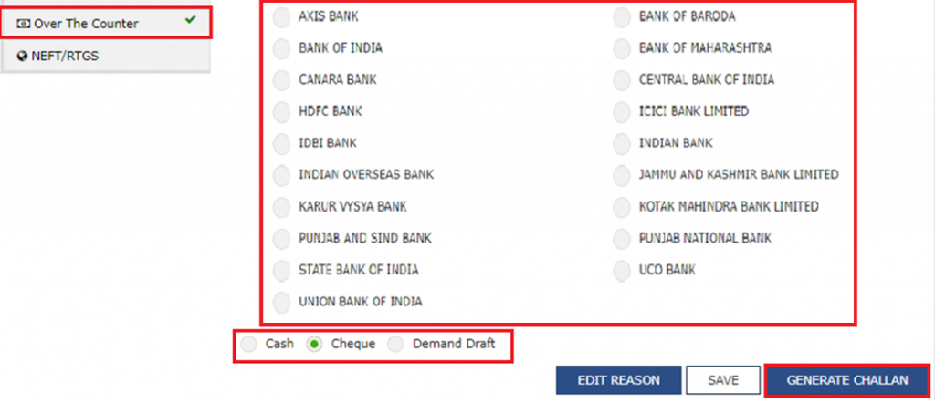 Over the counter Payment for GST challan