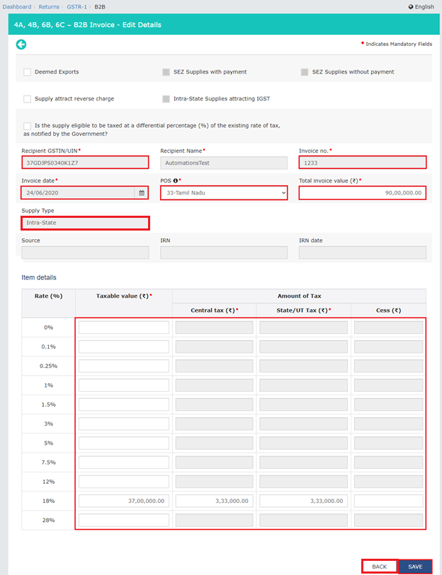 Add or delete invoices or details for GSTR-1