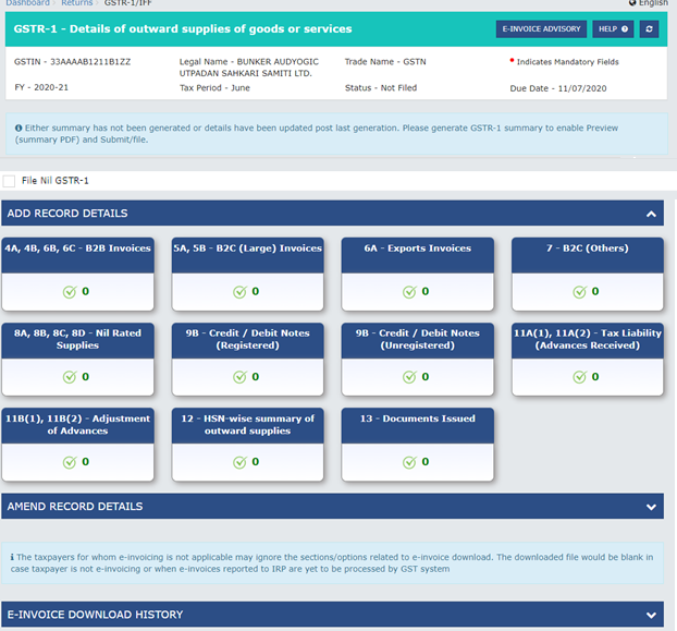 Details of Outward Supplies of Goods or Services page