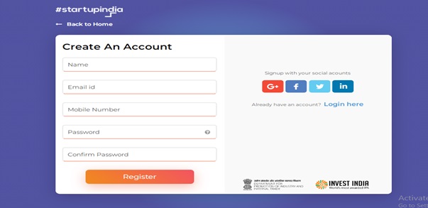 create startup India login: step 3