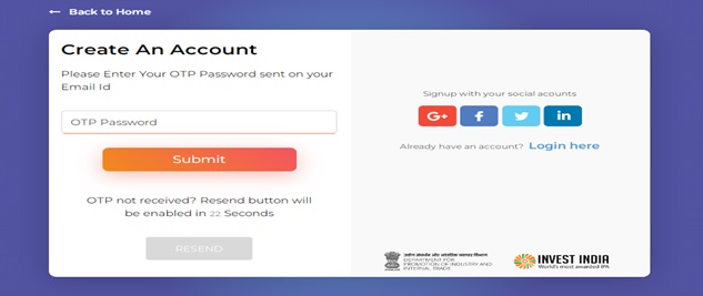 Create startup India login: step 4