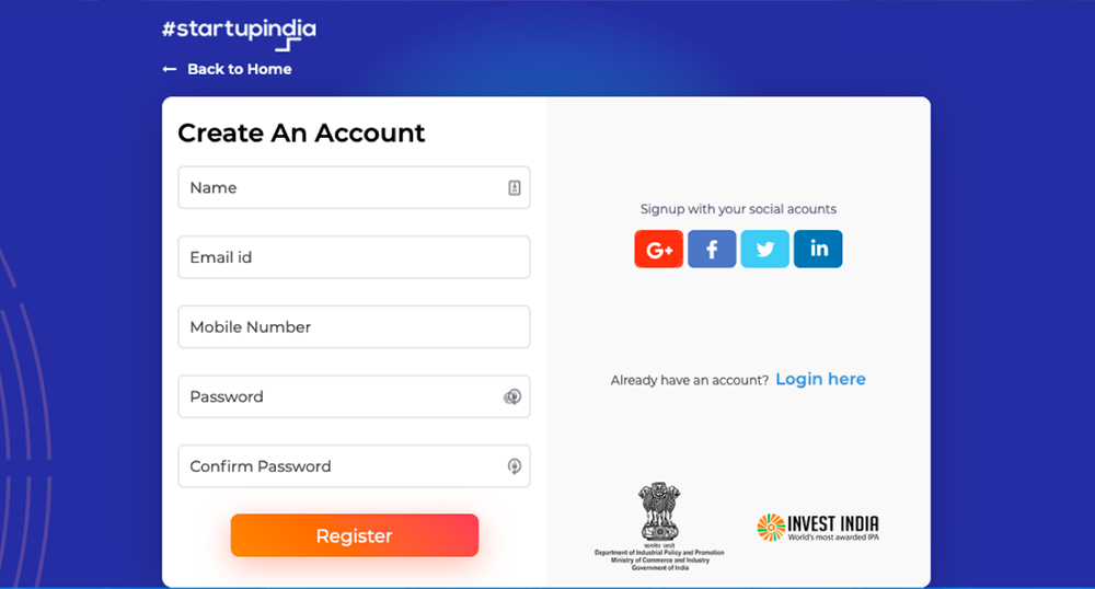 Create Startup India Login