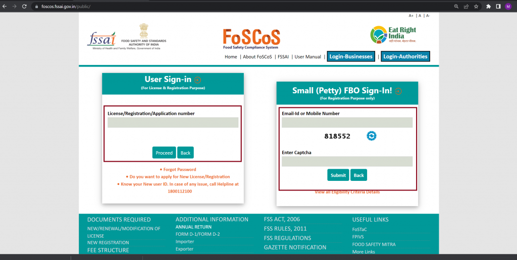 FSSAI FoSCoS sign-in