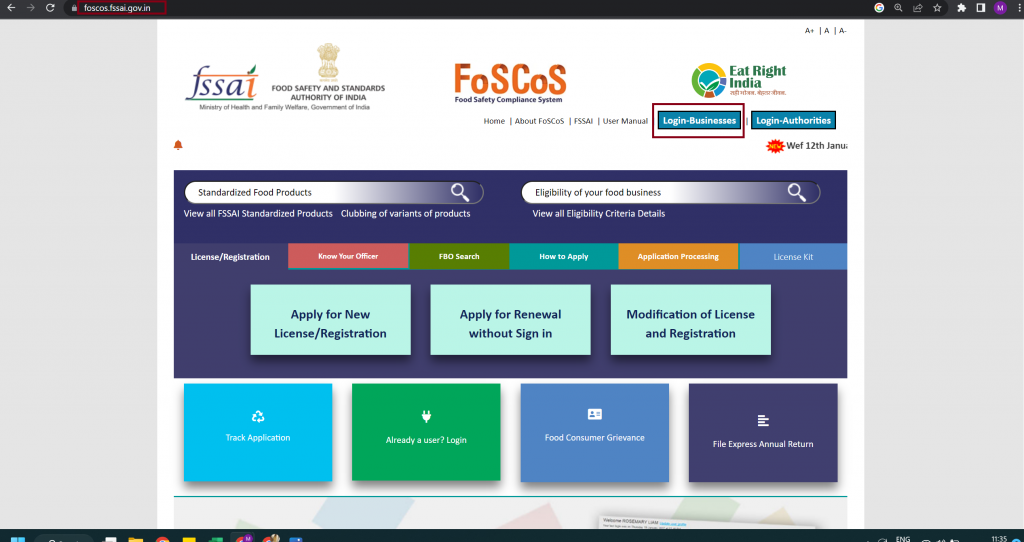 FSSAI FoSCoS website
