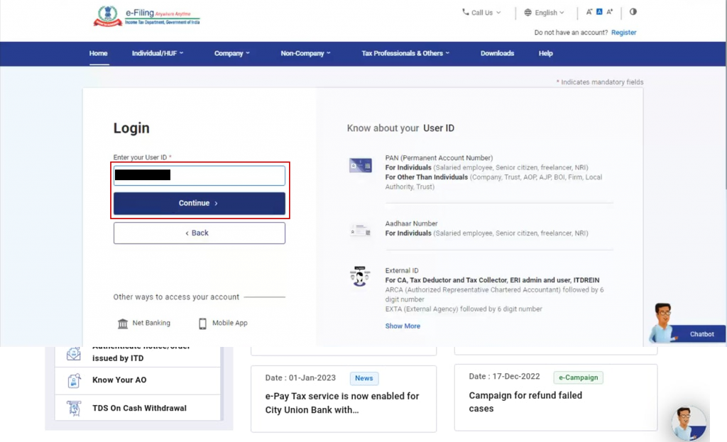 Login on ITR e-filing portal