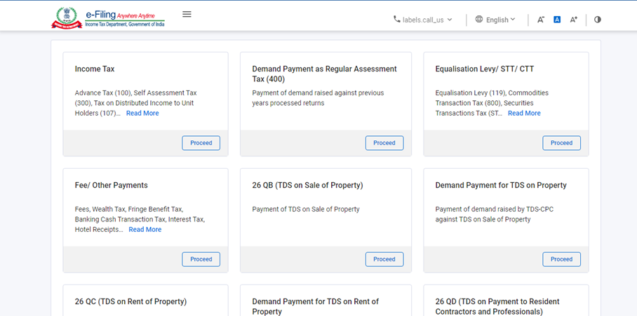 Choosing ITR payment tile