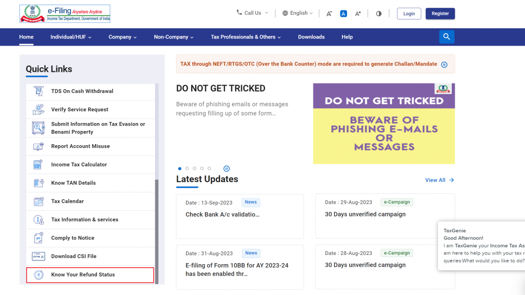 Check Refund Status on E-filing portal