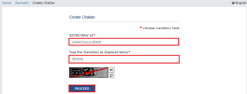 Create Challan page on on GST portal