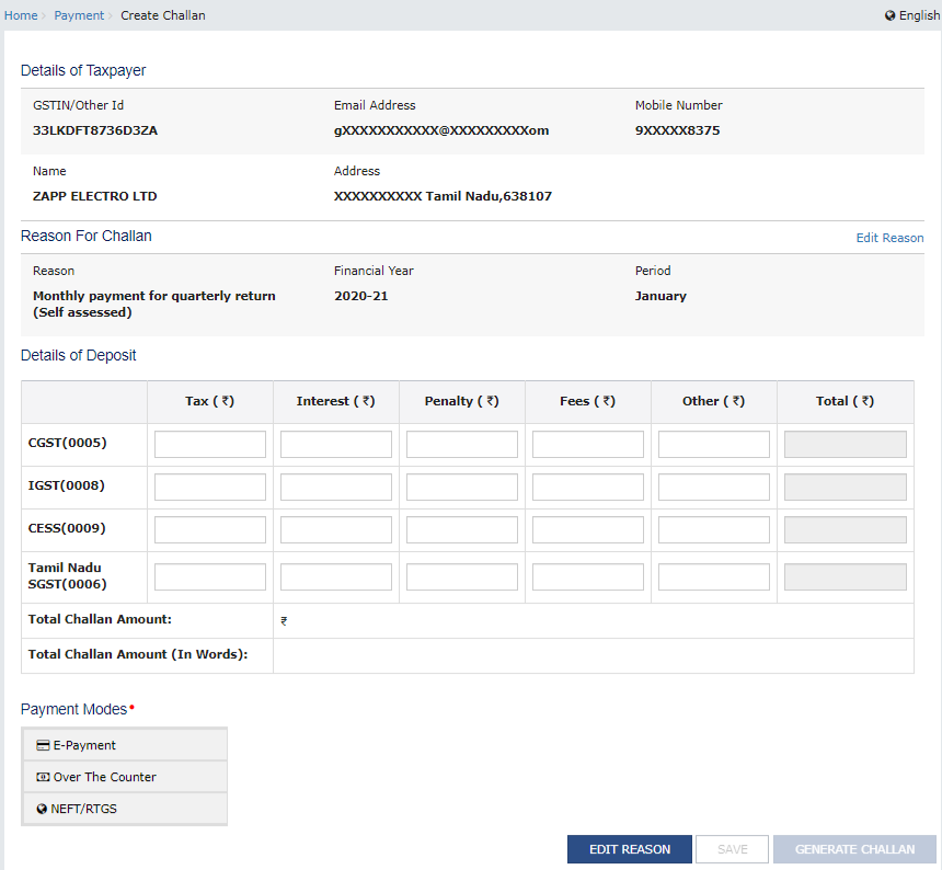 Create challan page under payments on GST portal