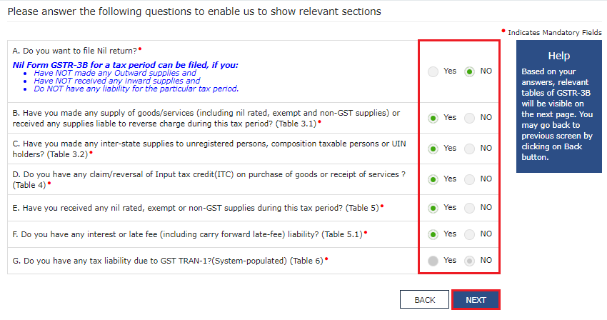 GSTR-3B filing questionnaire