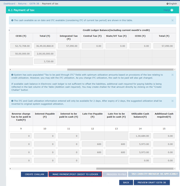 Making payment via GST Return Payment Ledger