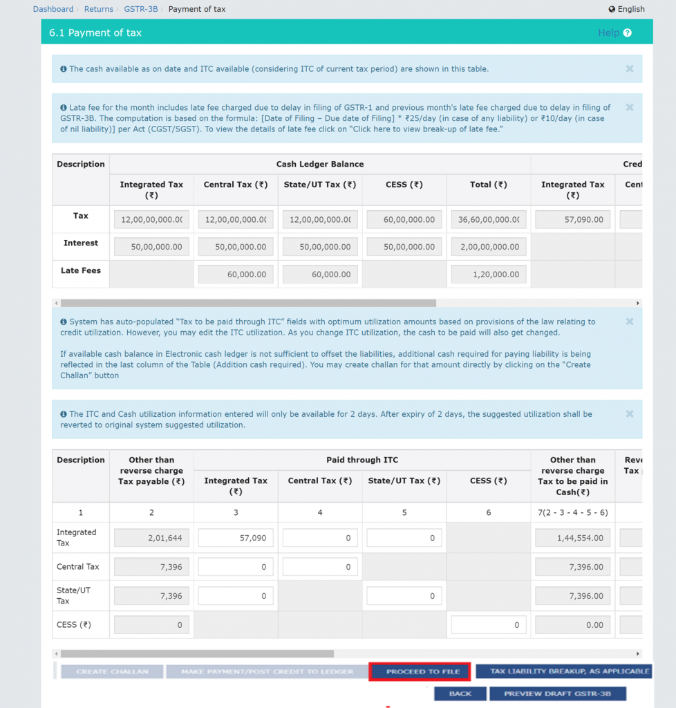 Proceeding to GSTR filing from GST Return Payment Ledger