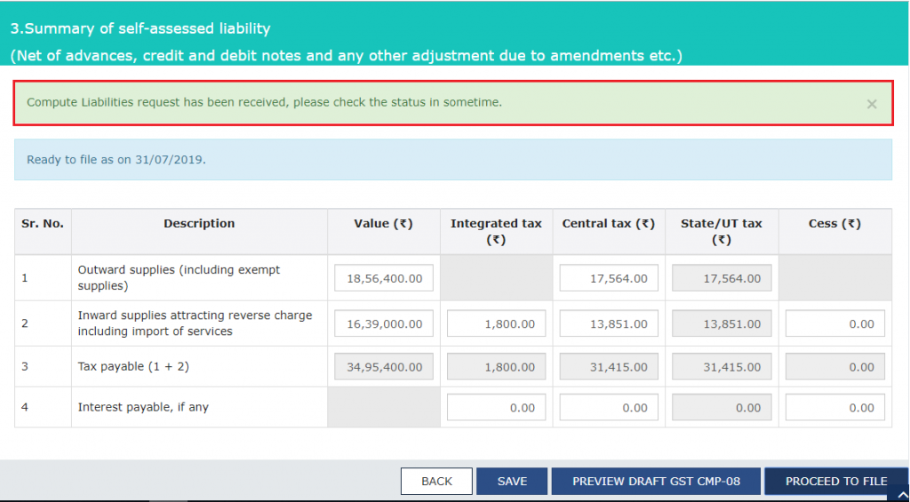 Message to check the status in sometime after clicking on Proceed to file for CMP-08