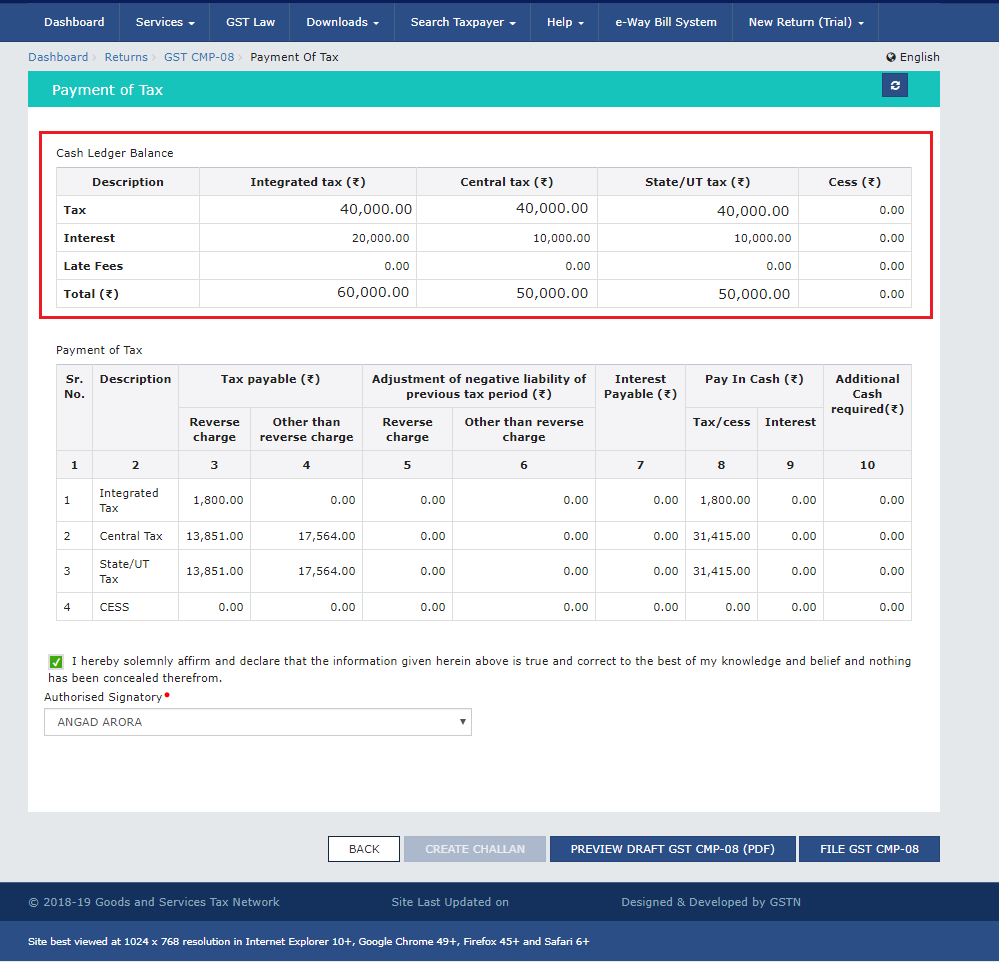 Payment of Tax page