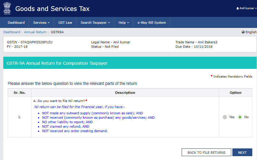 File a Nil return question on GST portal