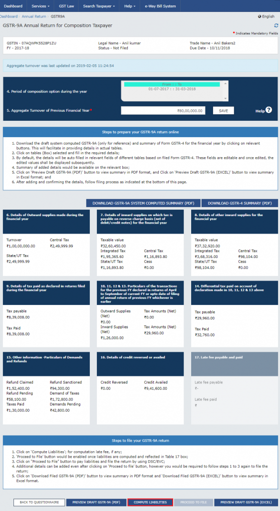 Computing GSTR-9A liabilities