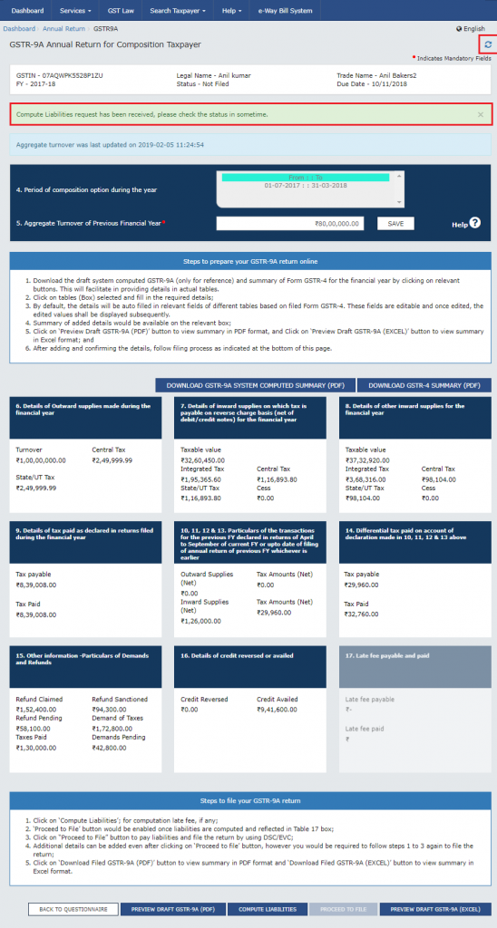 GSTR 9A computing liabilities request sent