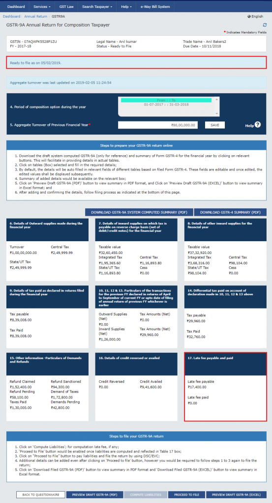 GSTR 9A computing liabilities completed